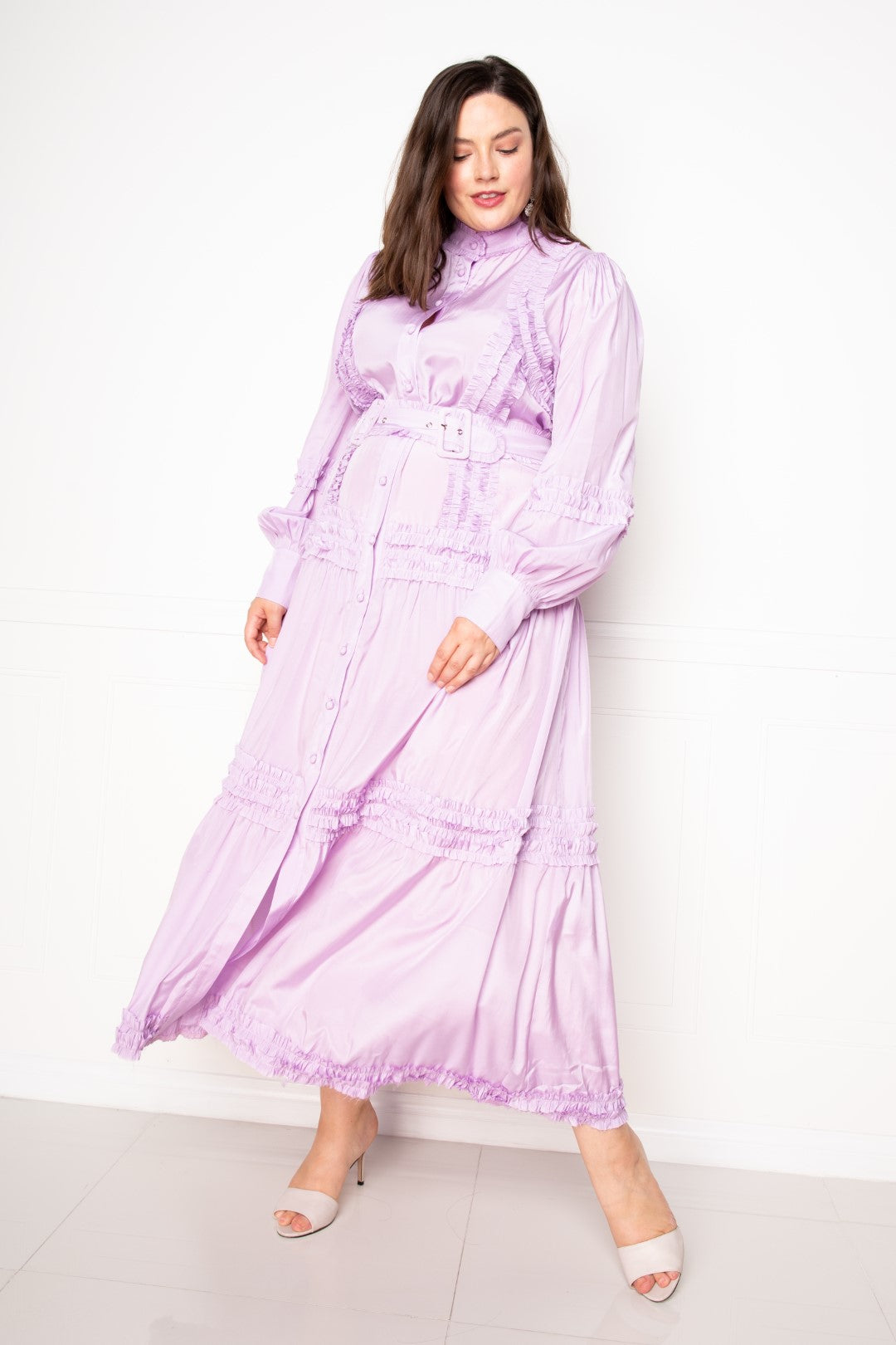 Purple Belted Shirt Dress With Ruffle Detail - Mama & Macha