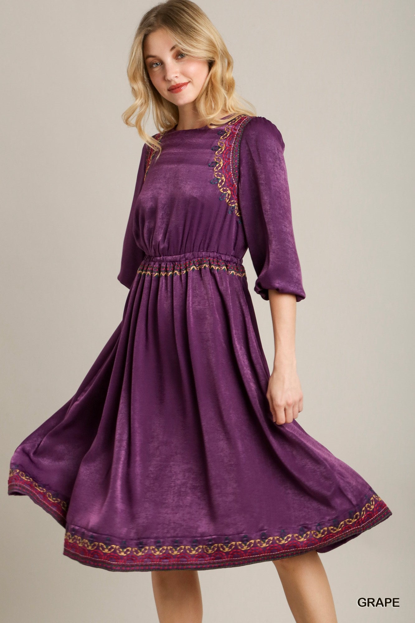 Satin Round Neck Embroidery Midi Dress