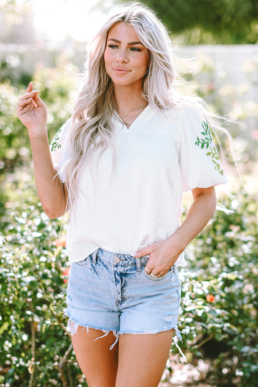 White Embroidered Floral Puff Sleeve Summer Spring Top Blouse