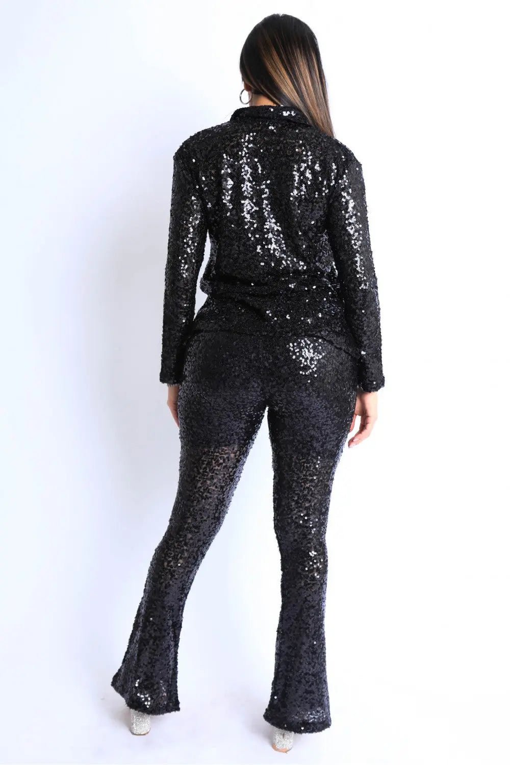 Black Sequin Button Down Shirt And Pant Set - Mama & Macha