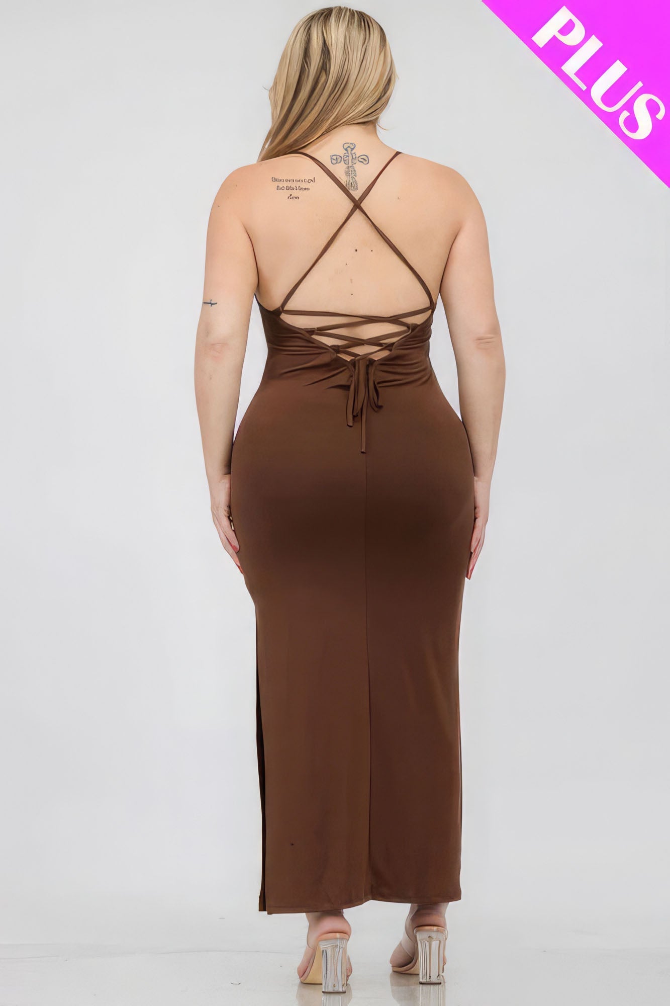 Brown Plus Size Crisscross Back Split Thigh Maxi Dress - Mama & Macha