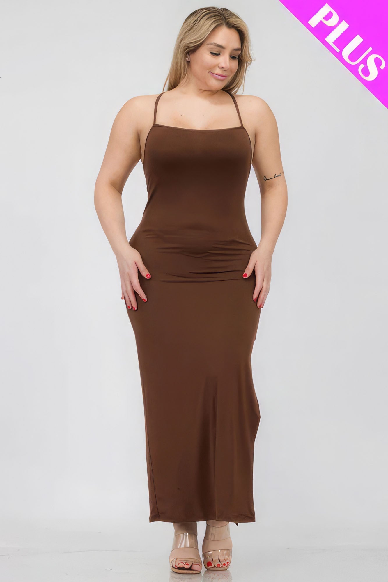 Brown Plus Size Crisscross Back Split Thigh Maxi Dress - Mama & Macha