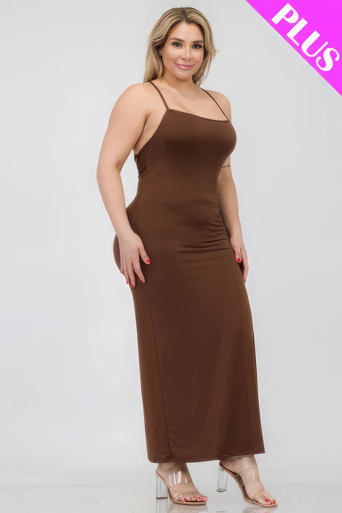 Brown Plus Size Crisscross Back Split Thigh Maxi Dress - Mama & Macha