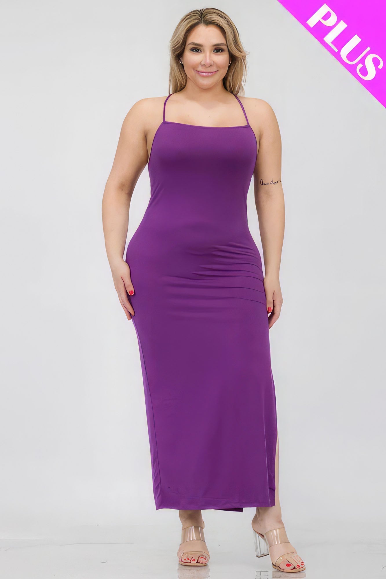 Dahlia Color Plus Size Crisscross Back Split Thigh Maxi Dress - Mama & Macha