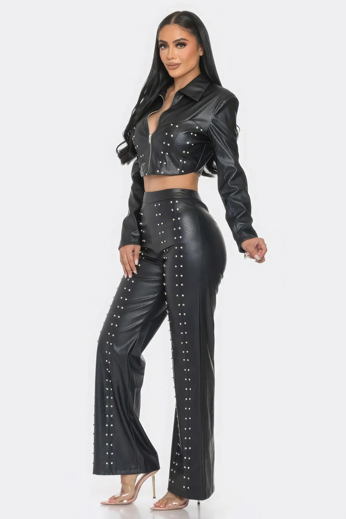 Faux Leather Set With Rhinestone Detail - Mama & Macha