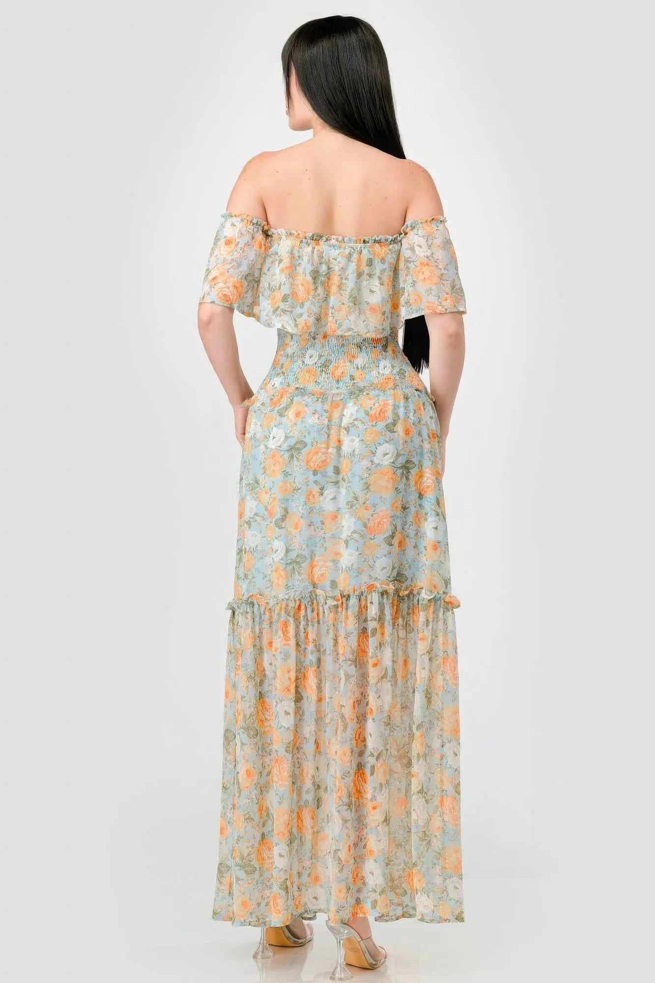 Floral Chiffon Off Shoulder Smocked Back Ruffled Tiered Maxi Dress - Mama & Macha