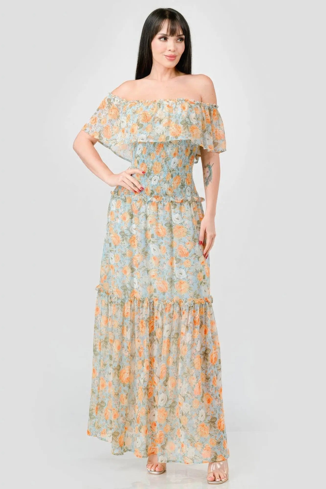 Floral Chiffon Off Shoulder Smocked Back Ruffled Tiered Maxi Dress - Mama & Macha