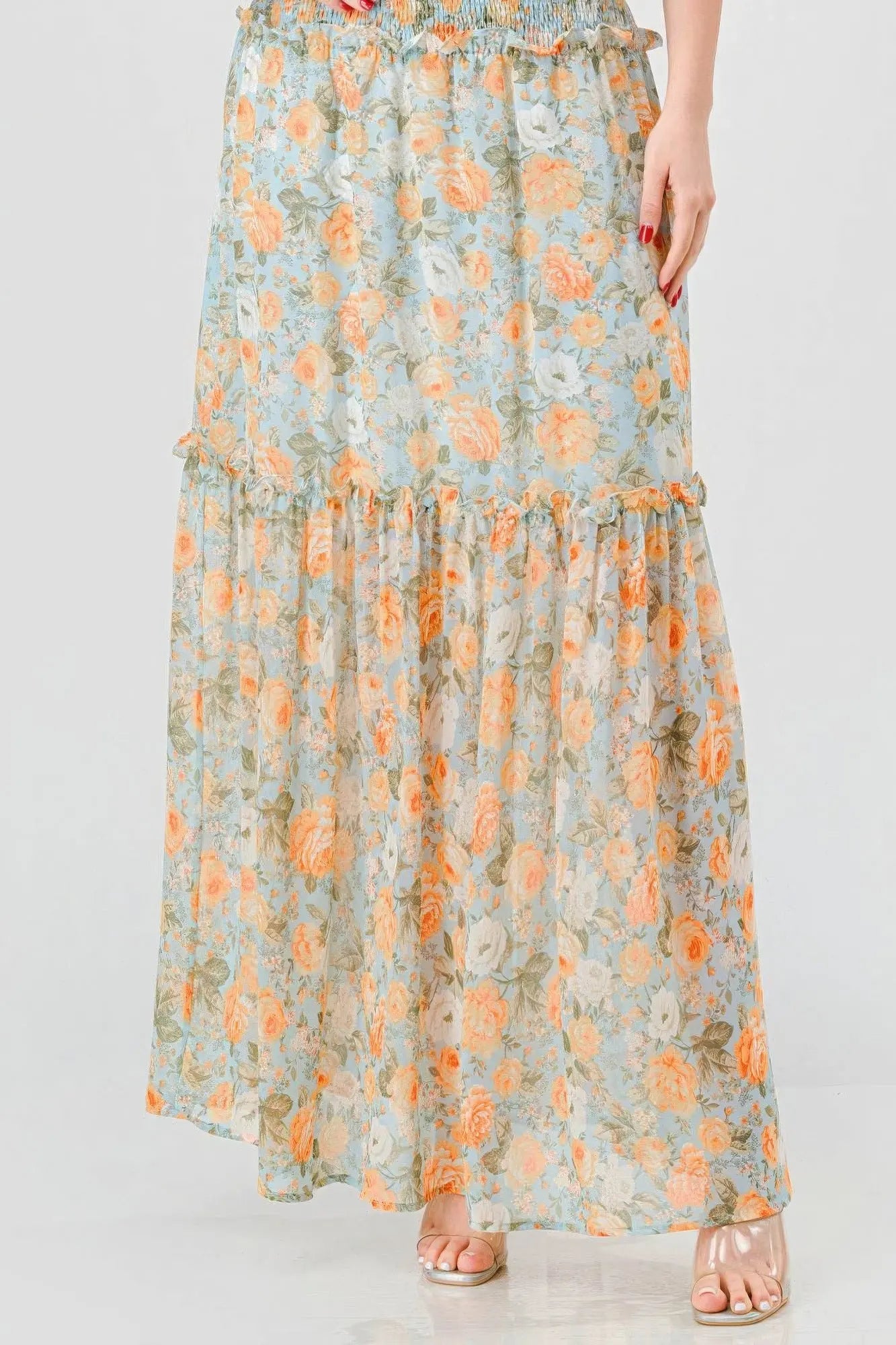 Floral Chiffon Off Shoulder Smocked Back Ruffled Tiered Maxi Dress - Mama & Macha