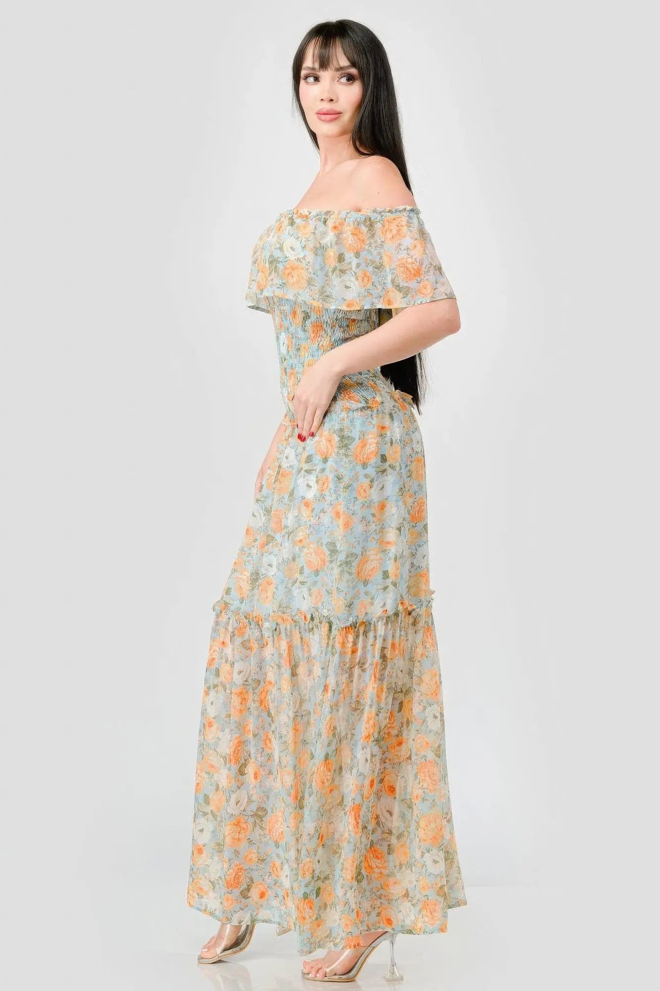 Floral Chiffon Off Shoulder Smocked Back Ruffled Tiered Maxi Dress - Mama & Macha