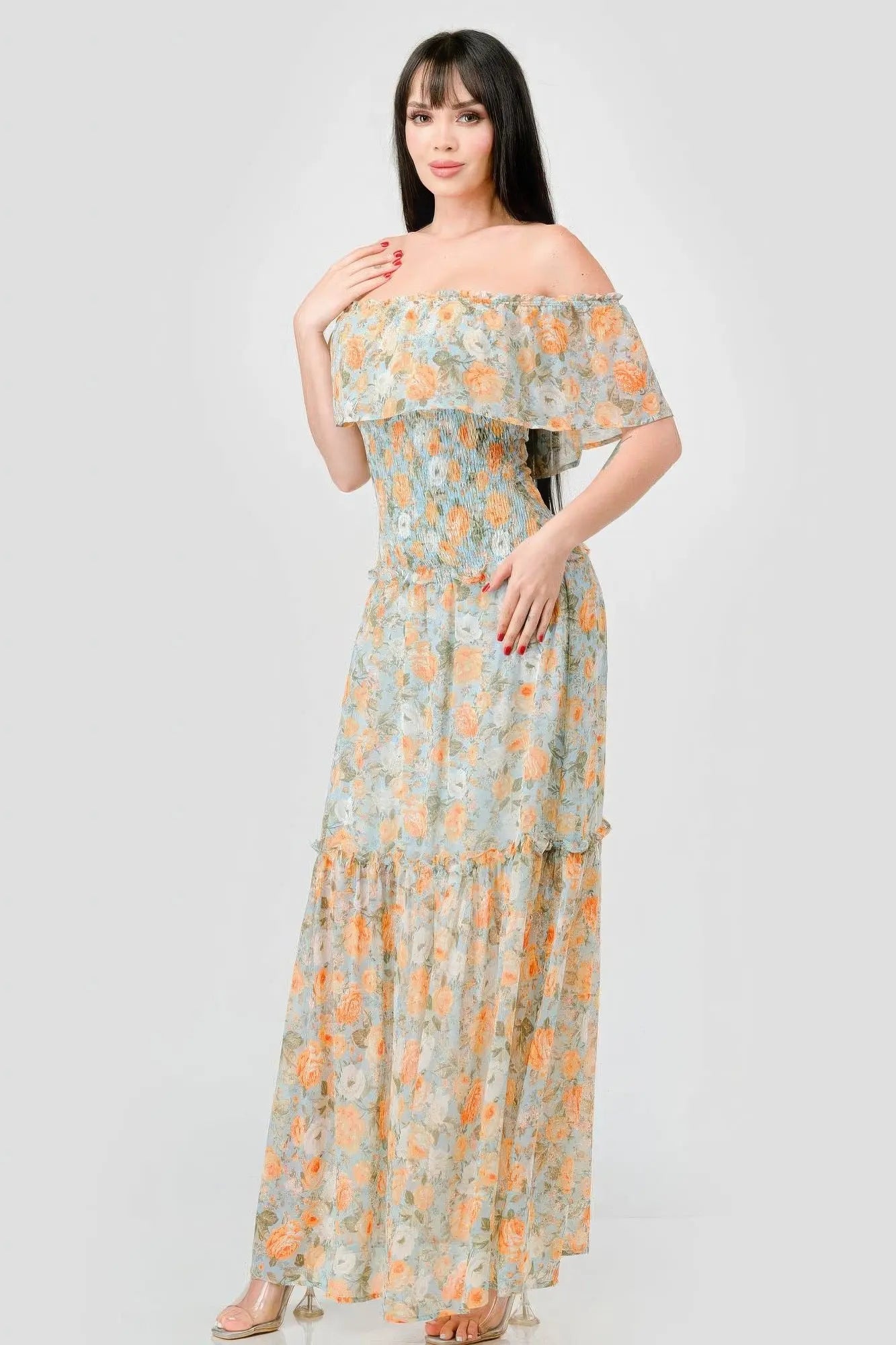 Floral Chiffon Off Shoulder Smocked Back Ruffled Tiered Maxi Dress - Mama & Macha