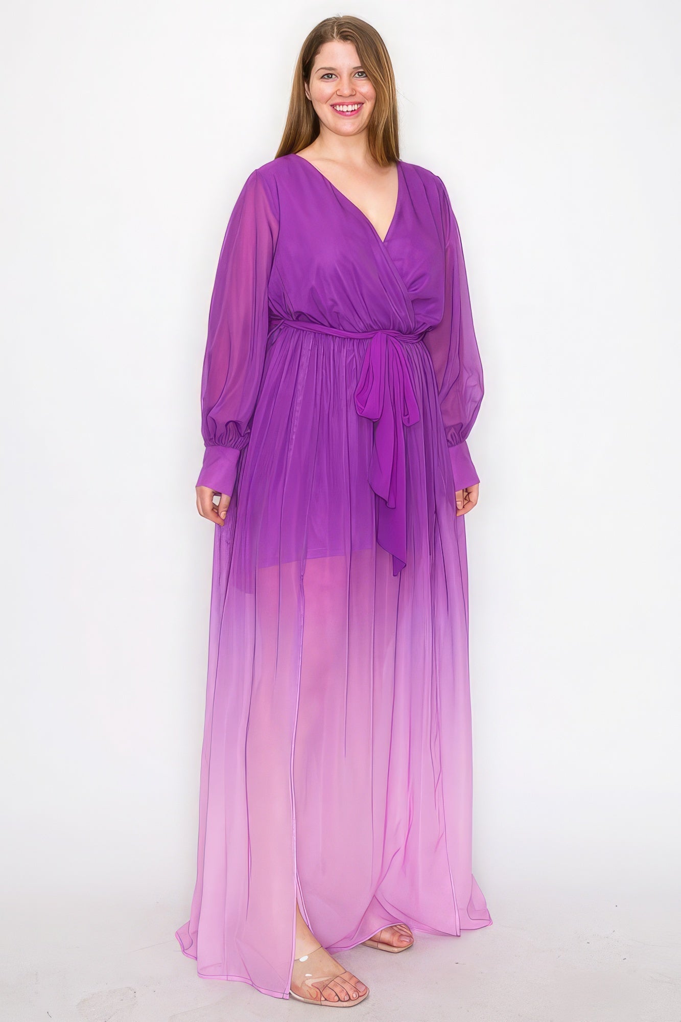 Magenta Ombre Chiffon Wrap Front Long Sleeve Tie Waist Slit Front Maxi Dress - Mama & Macha