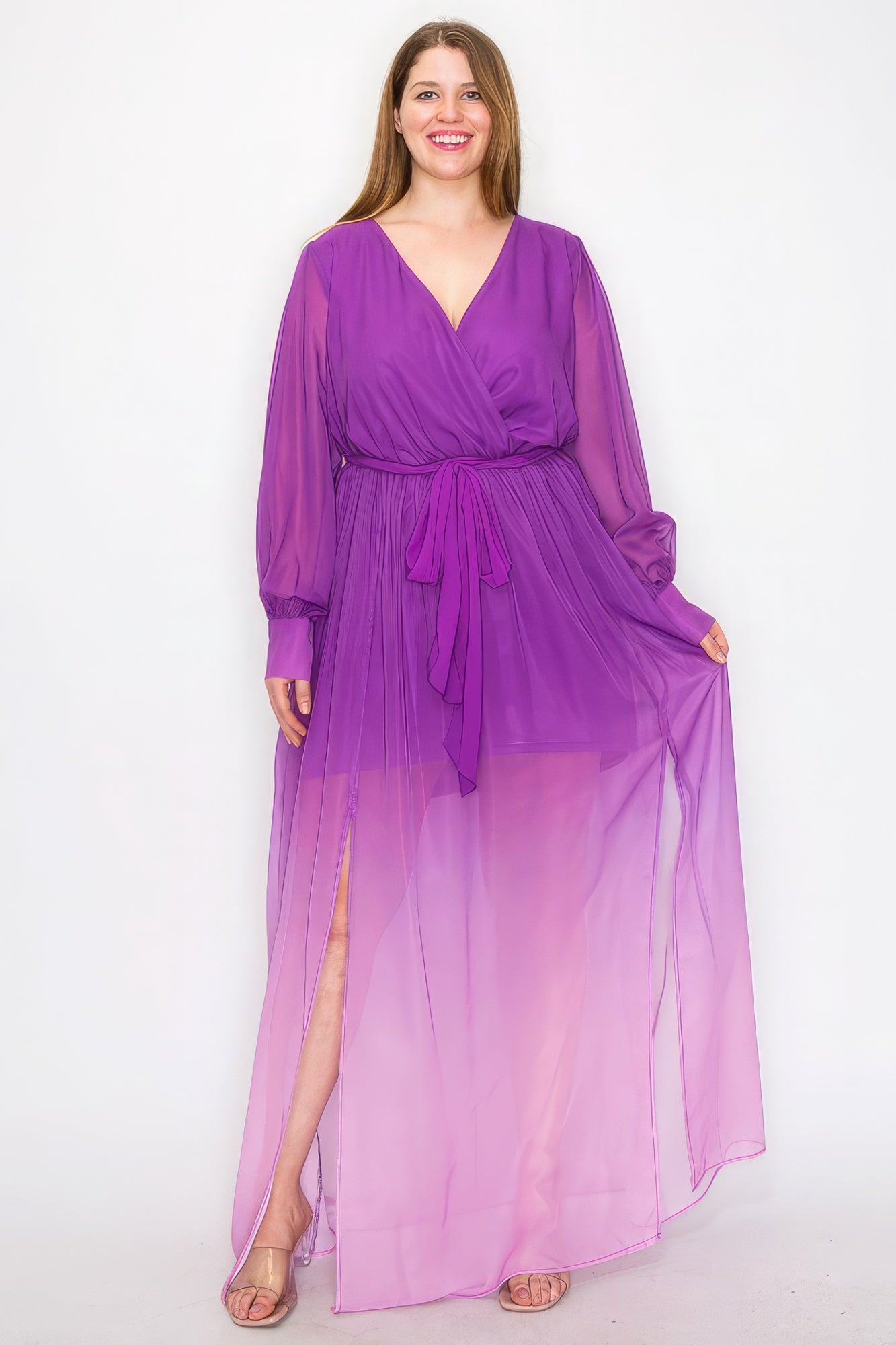 Magenta Ombre Chiffon Wrap Front Long Sleeve Tie Waist Slit Front Maxi Dress - Mama & Macha