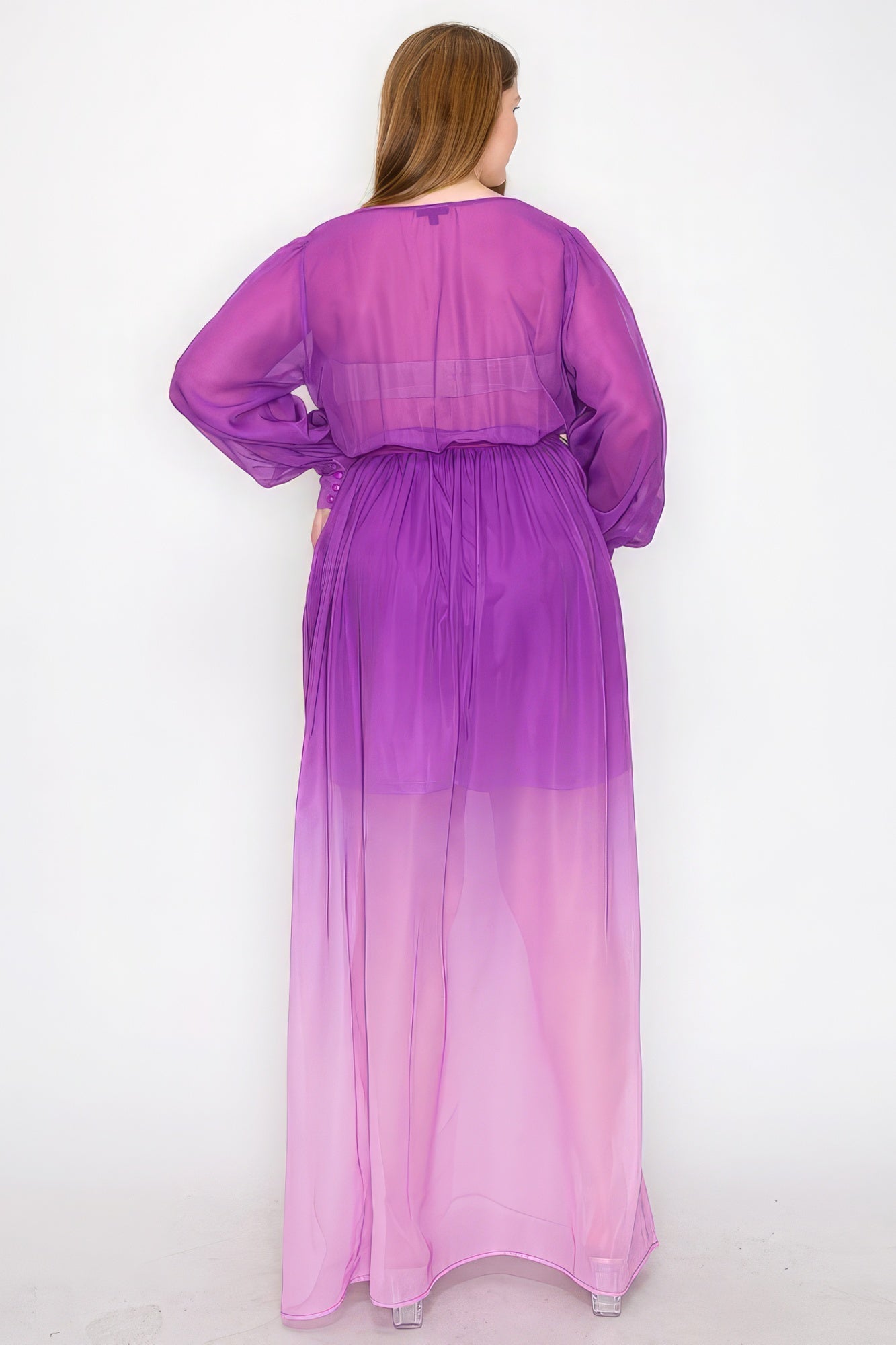 Magenta Ombre Chiffon Wrap Front Long Sleeve Tie Waist Slit Front Maxi Dress - Mama & Macha