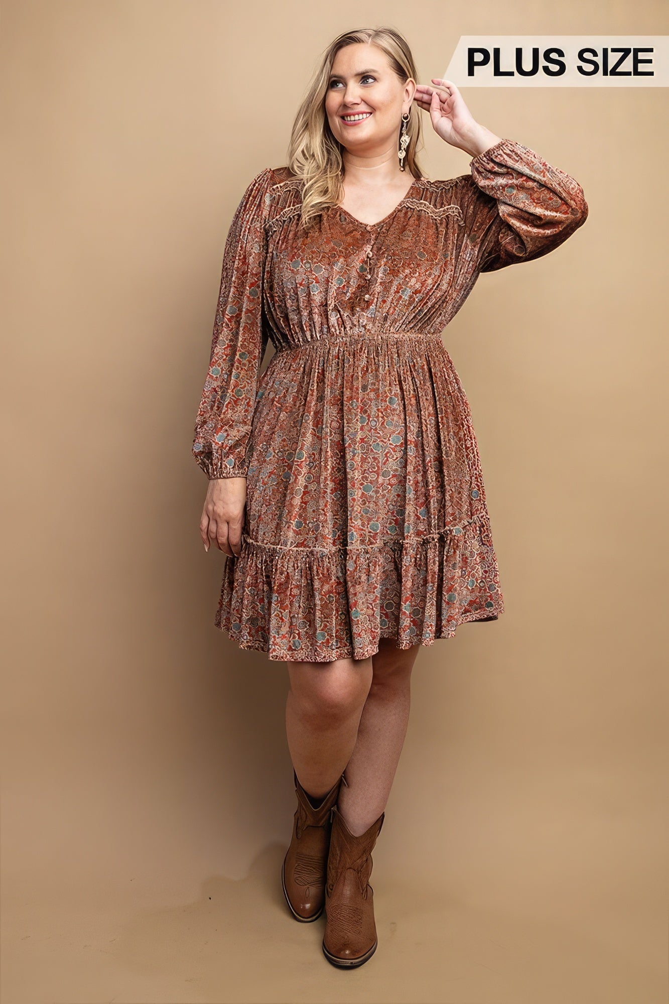 Maroon Printed Velvet V-neck Dress With Button Front Detail - Mama & Macha