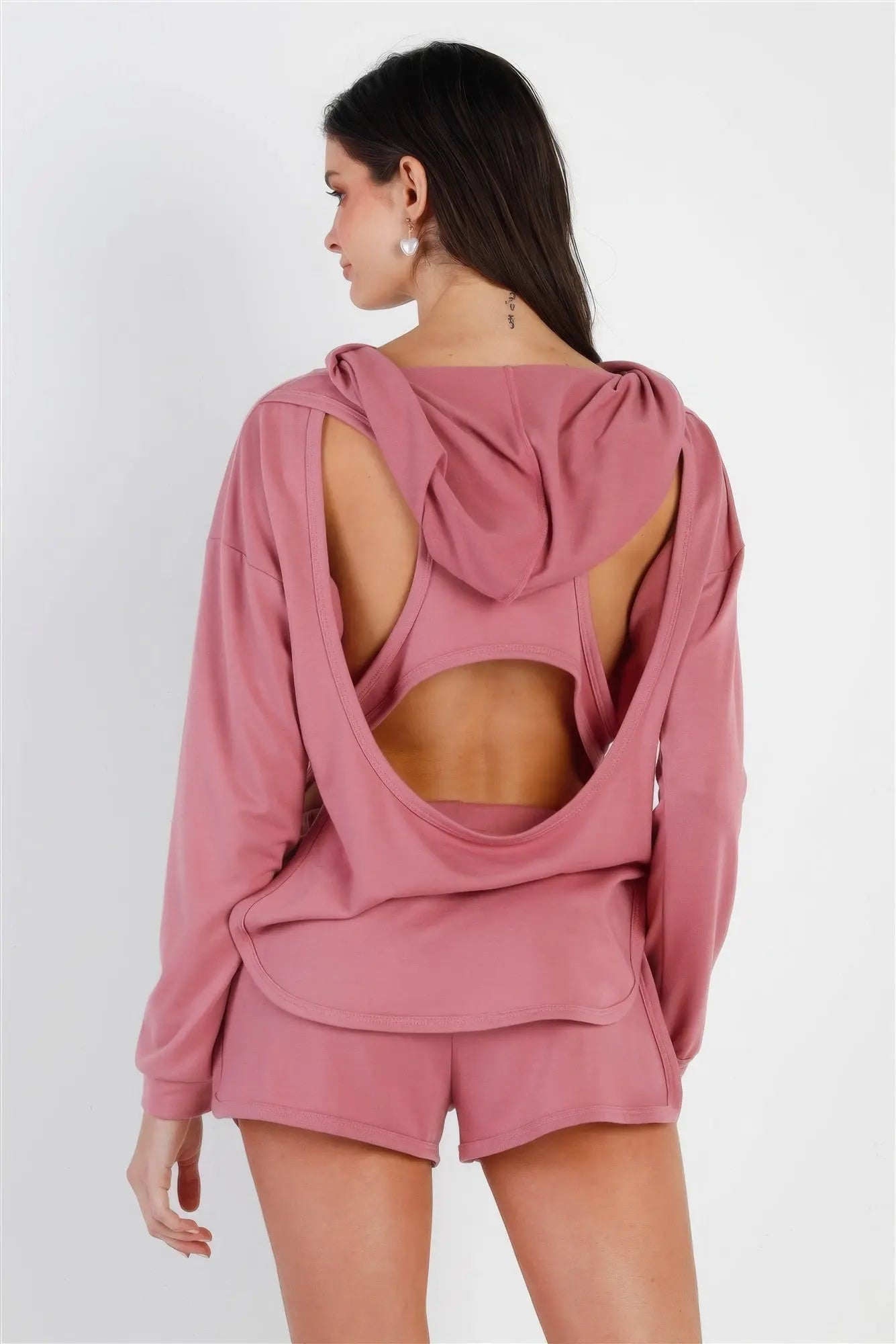 Mauve Racer Back Detail Long Sleeve Hooded Top & Short Set - Mama & Macha