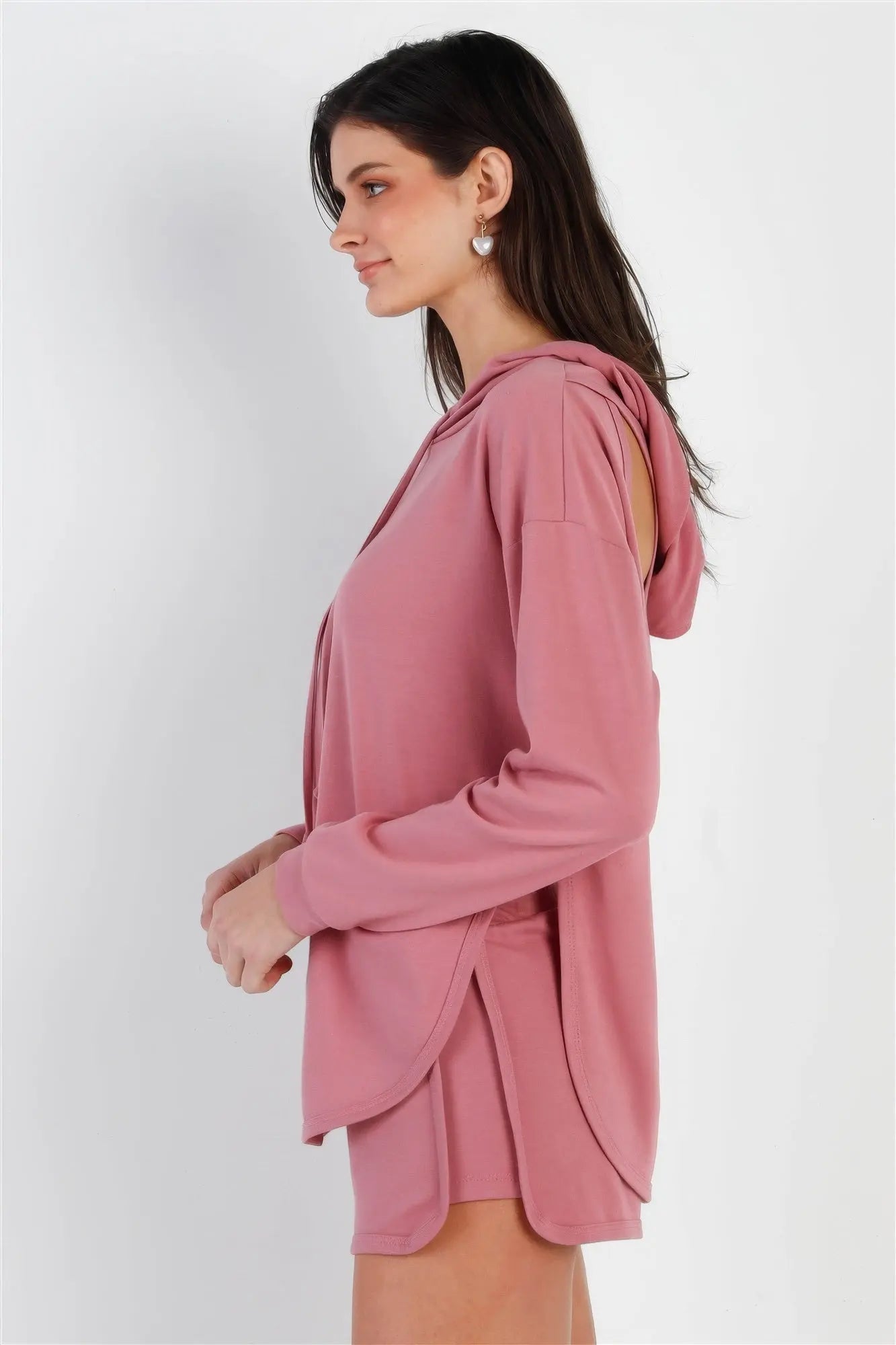 Mauve Racer Back Detail Long Sleeve Hooded Top & Short Set - Mama & Macha