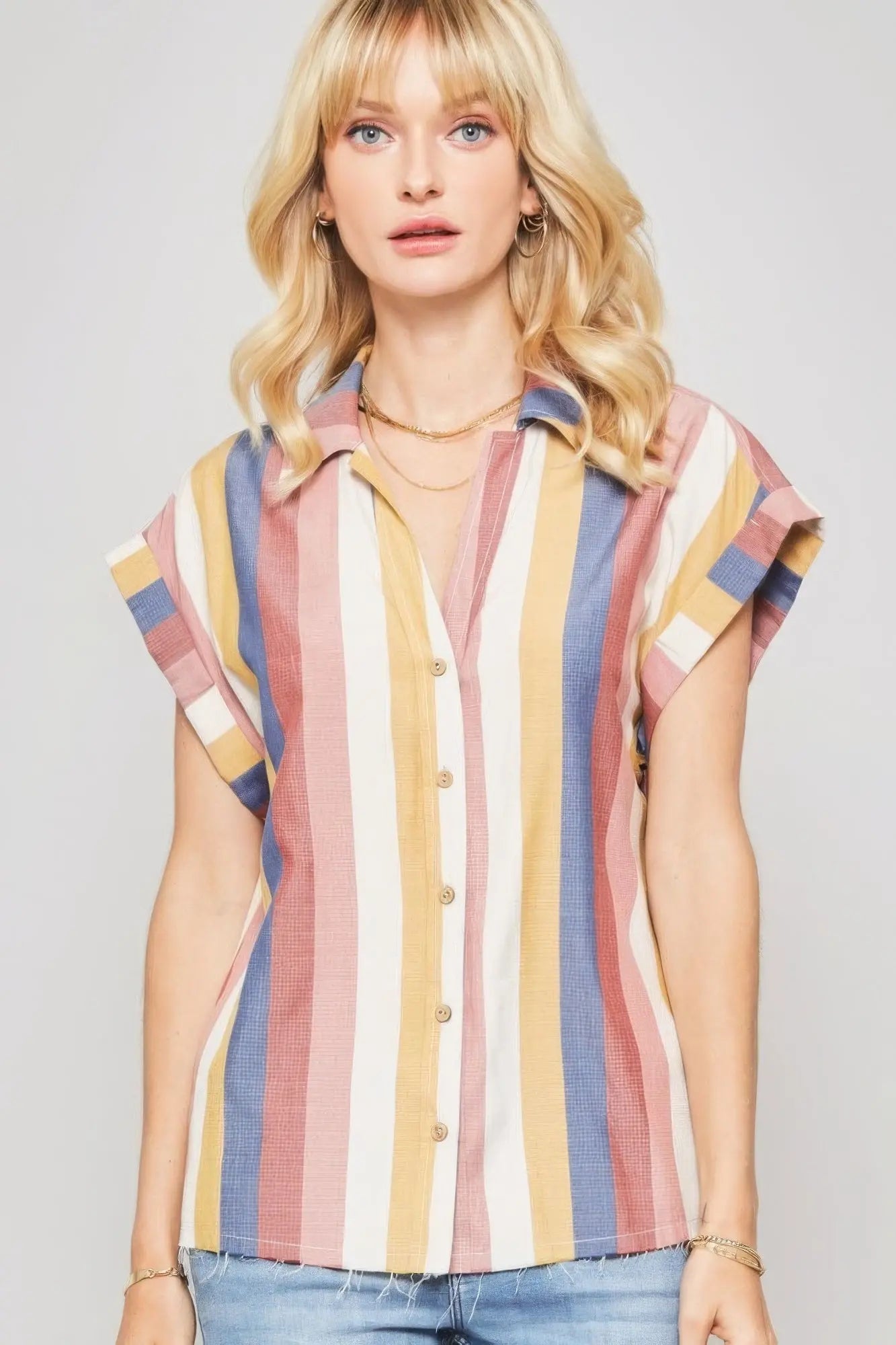 Multicolor Striped Woven Shirt With Collared Neckline - Mama & Macha