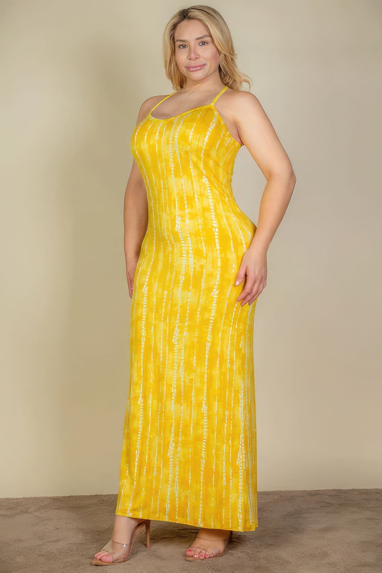 Mustard Plus Size Tie Dye Printed Cami Bodycon Maxi Dress - Mama & Macha