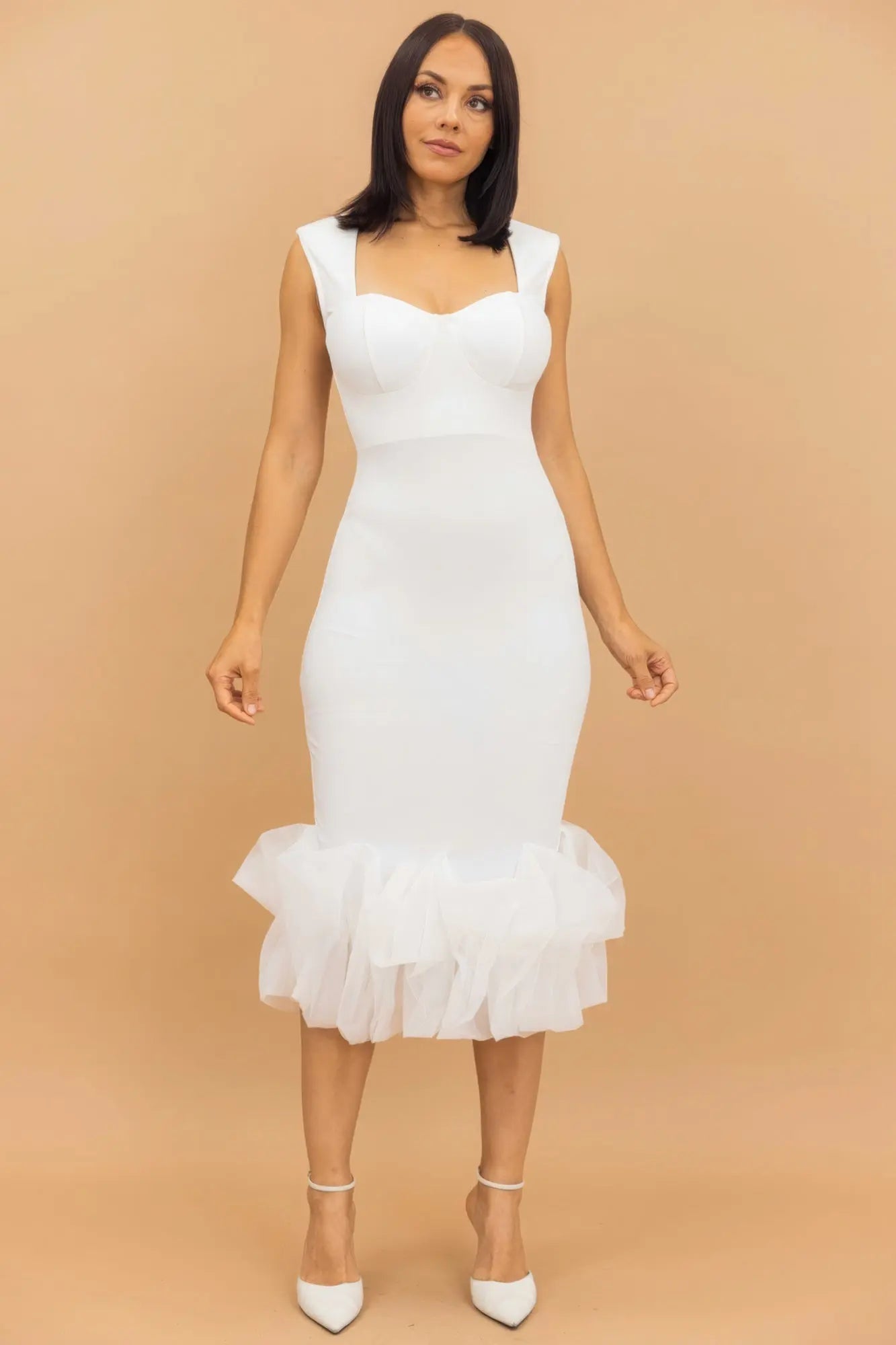 Organza White Ruffle Detailed Fashion Midi Dress - Mama & Macha