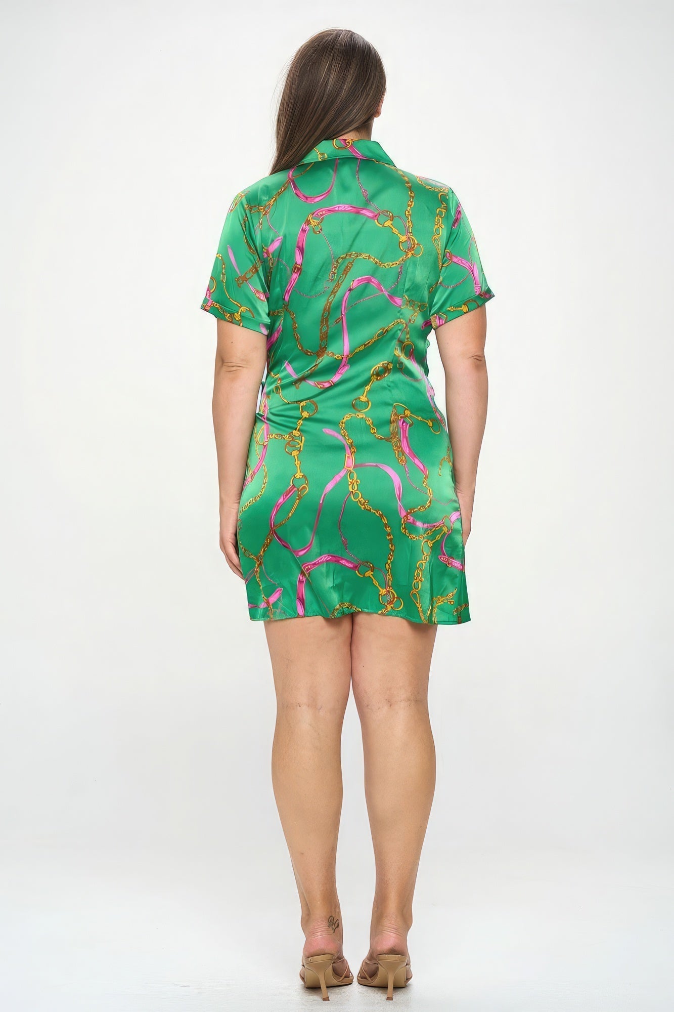 Plus Chain Belt Print Short Sleeve Wrap Tie Dress - Mama & Macha