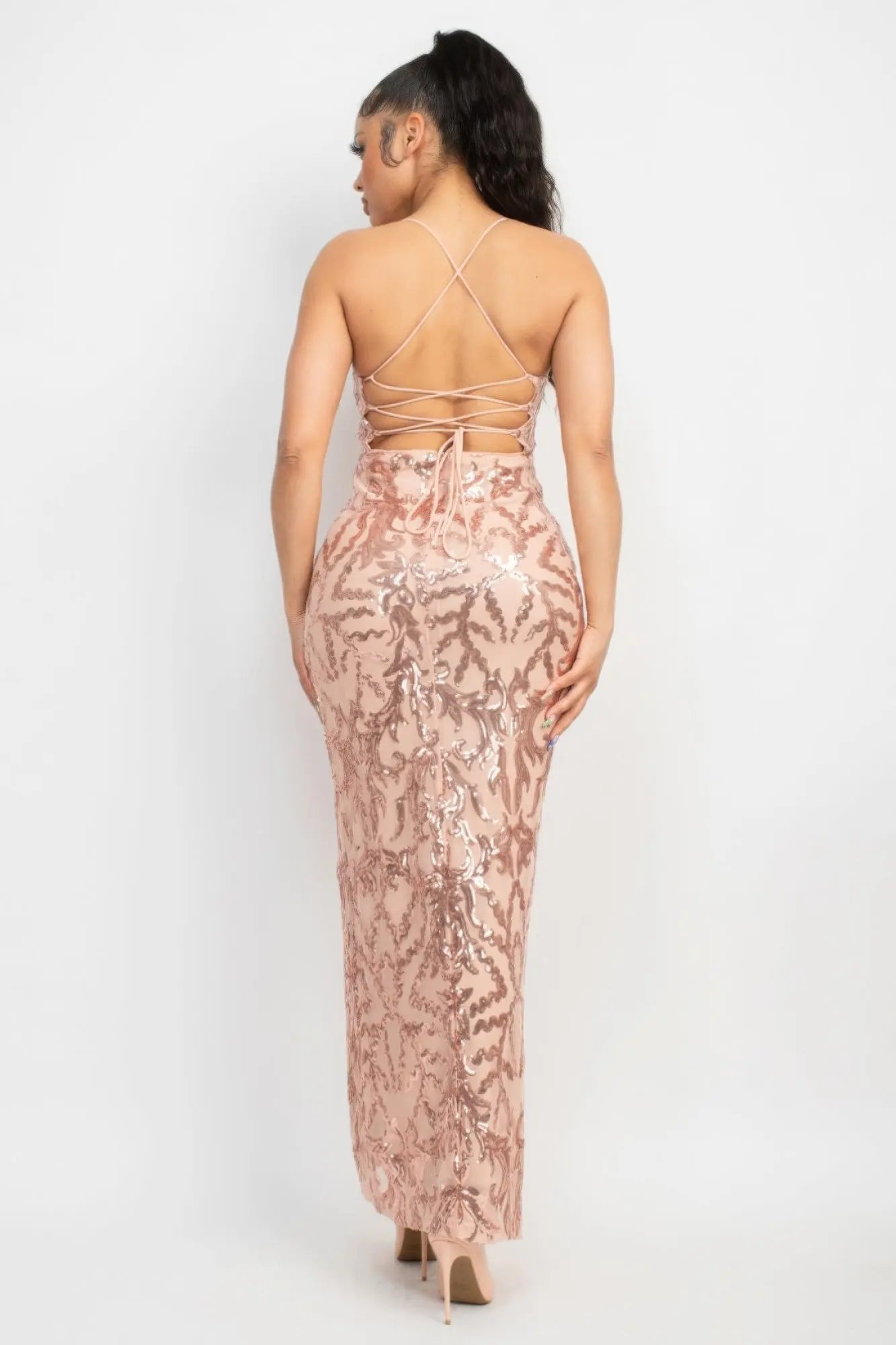 Sequin Back-crisscross Tie Slit Maxi Bodycon Dress - Mama & Macha