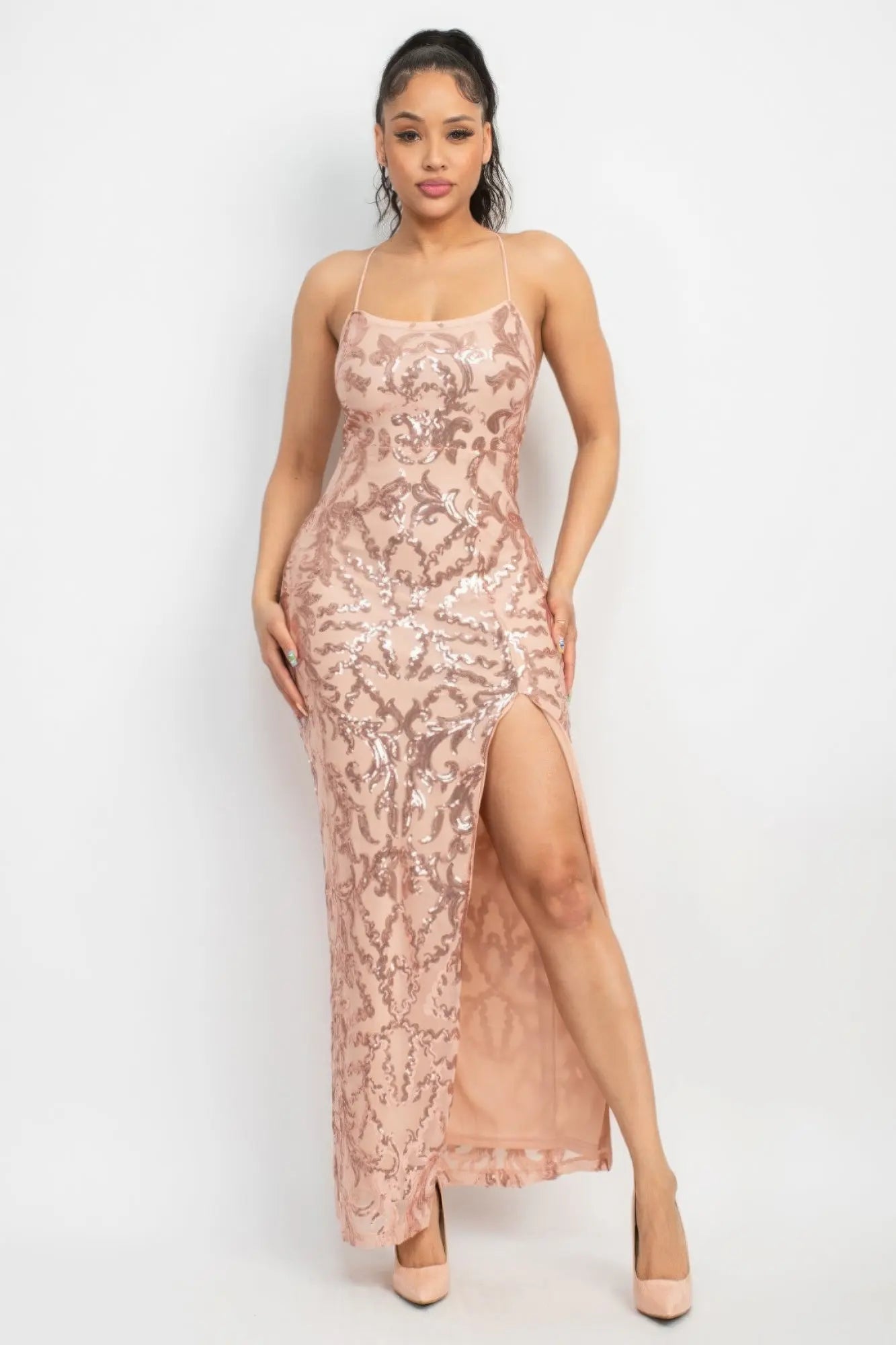 Sequin Back-crisscross Tie Slit Maxi Bodycon Dress - Mama & Macha