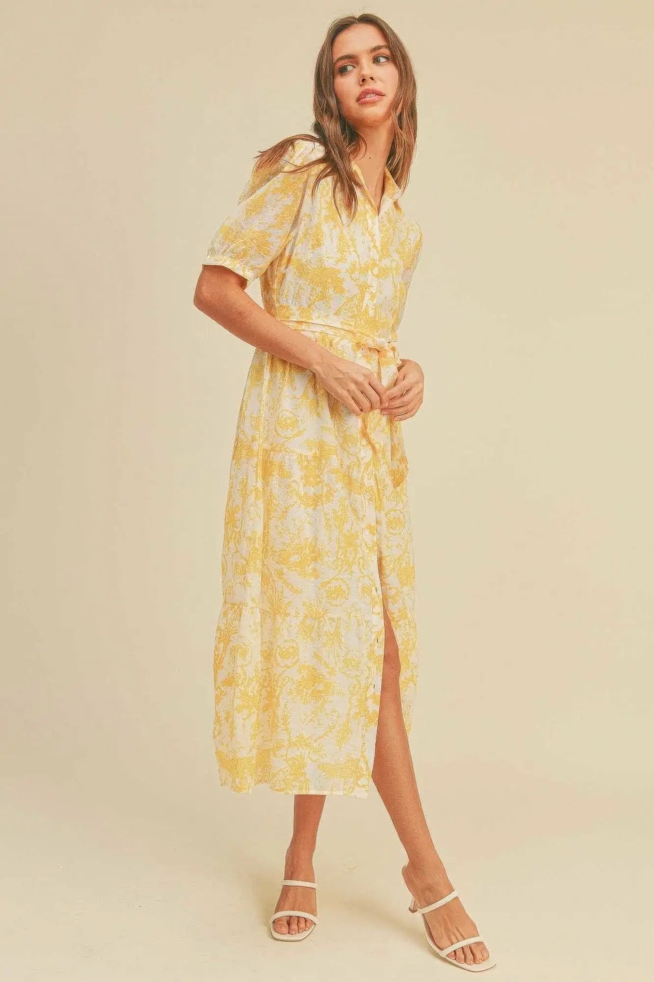 Yellow Button closure waist belt puff sleeve dress - Mama & Macha