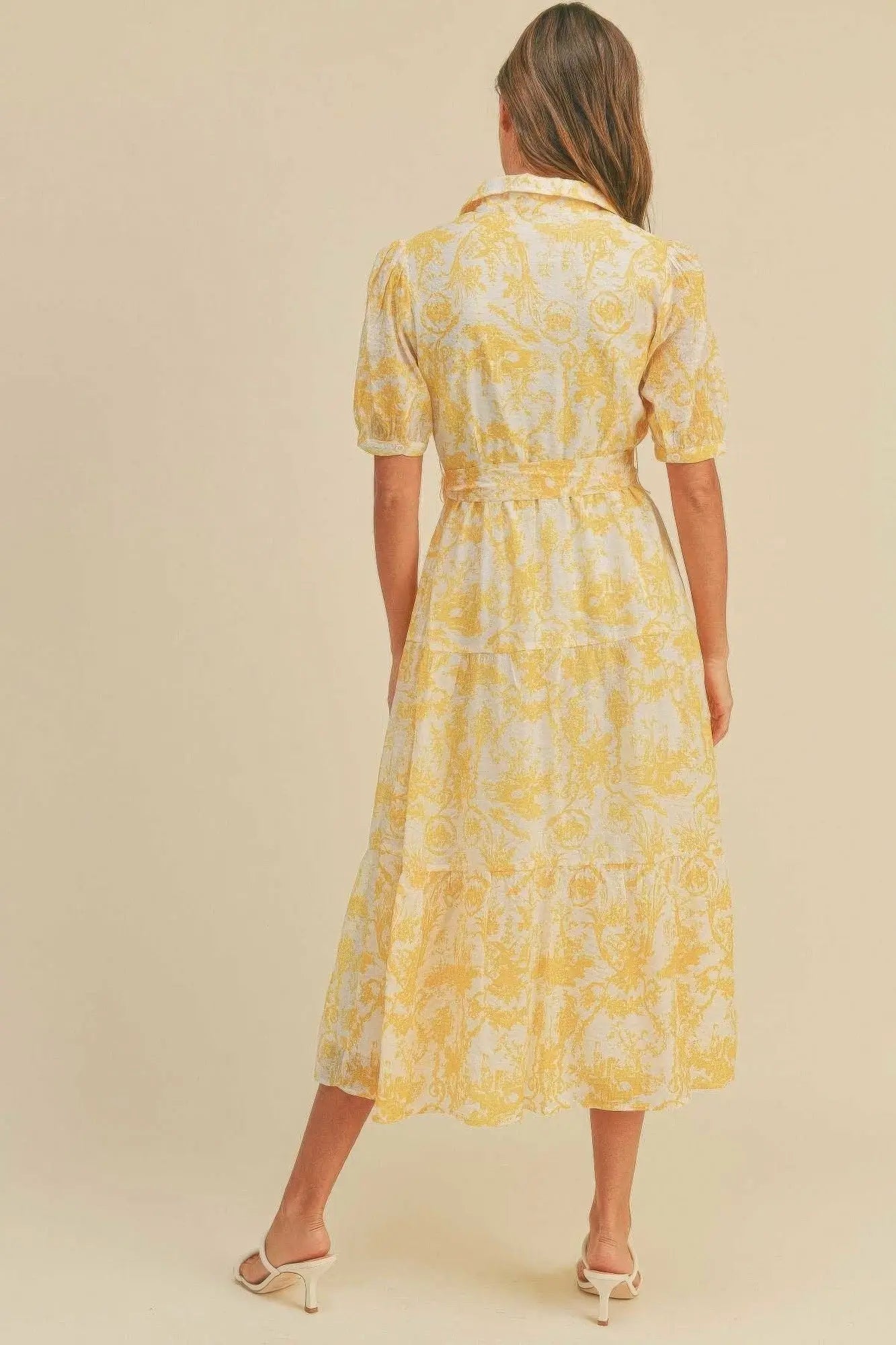 Yellow Button closure waist belt puff sleeve dress - Mama & Macha