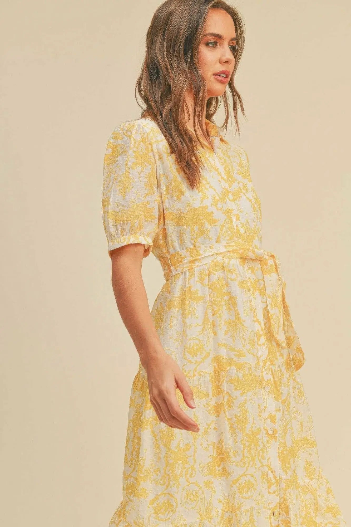 Yellow Button closure waist belt puff sleeve dress - Mama & Macha