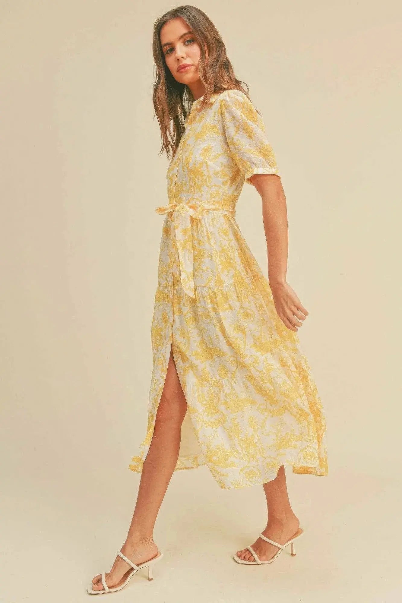 Yellow Button closure waist belt puff sleeve dress - Mama & Macha