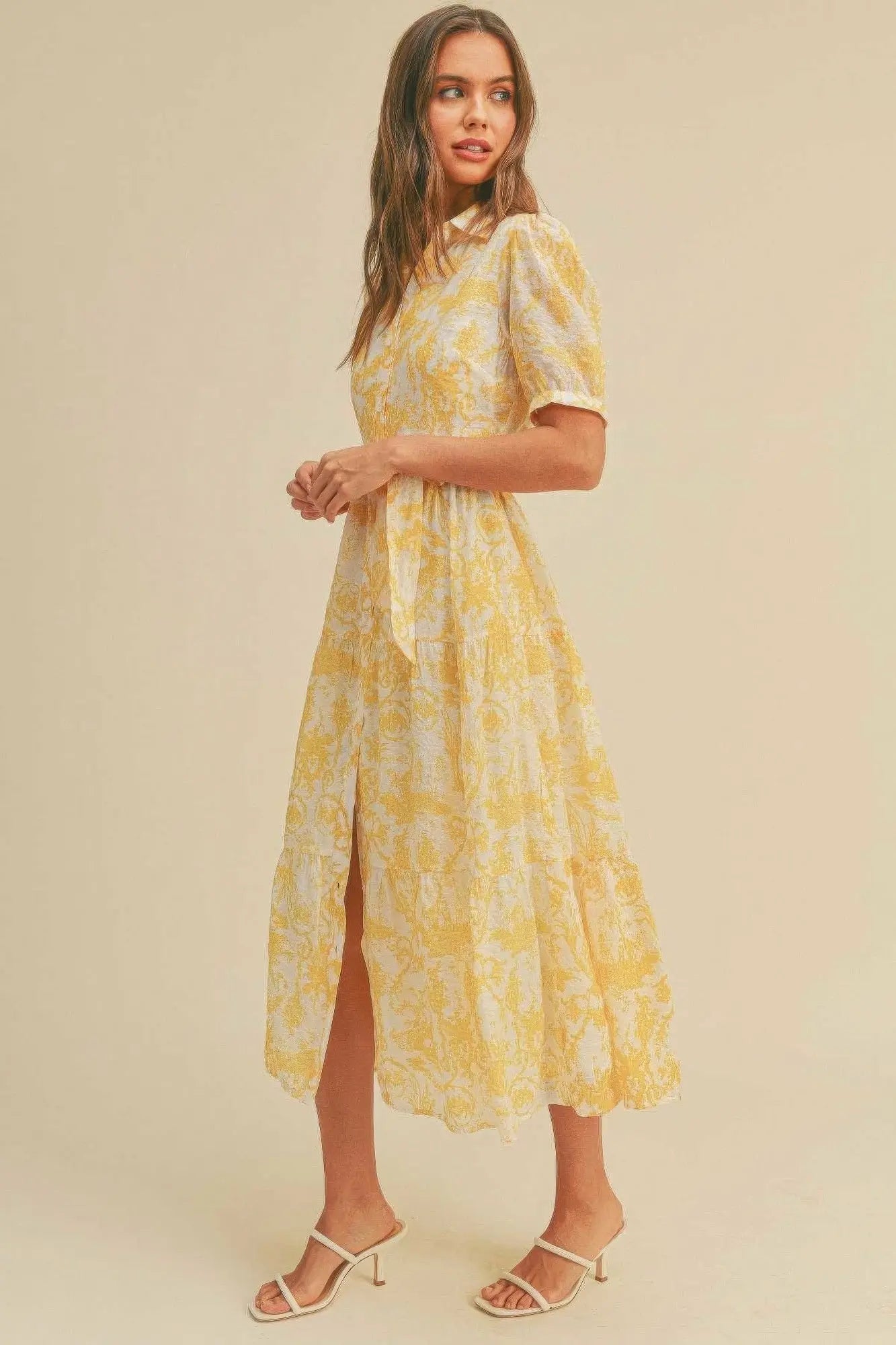 Yellow Button closure waist belt puff sleeve dress - Mama & Macha