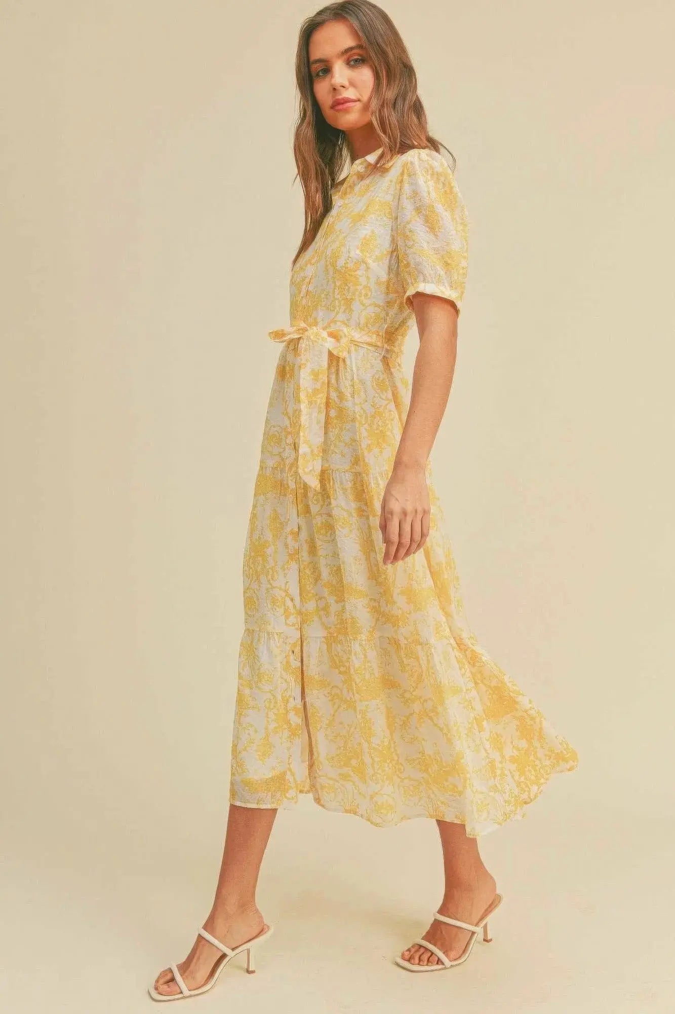 Yellow Button closure waist belt puff sleeve dress - Mama & Macha